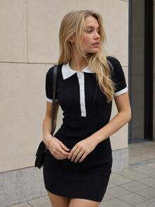 Spring/Summer New Slim Fit Bodycon Mini Dress, American Retro Polo Collar Knit Dress - Black and White - View 5