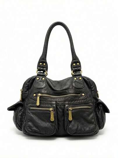 Tas Tangan Kulit Imitasi Bergaya Vintage, Tas Bahu dengan Banyak Kantong Resleting dan Hiasan Paku Keling, Tali Selempang yang Dapat Dilepas, Tas Tote Retro untuk Penggunaan Sehari-hari