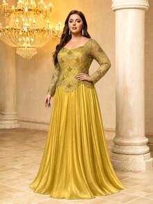 UNITHORSE[Random Cut]Sweetheart Neckline Long Sleeve Sequin Patchwork Faux Silk Evening Dress - Yellow - View 5