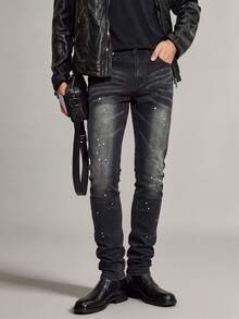 Men's White Splatter Slim Straight Fit Jeans, Vintage Black Gradient Cat Whisker Distressed Cross-Texture Stretch Denim - Black - View 1