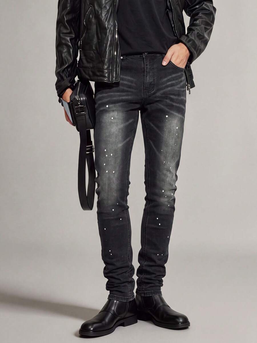 Men's White Splatter Slim Straight Fit Jeans, Vintage Black Gradient Cat Whisker Distressed Cross-Texture Stretch Denim - Black - View 1