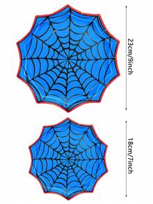12/24/48pcs Spider Web Paper Plates, Blue & Red Spider Web Shaped Disposable Plates, Spider Theme Party Supplies, Halloween Party Tableware, Suitable For Birthday Celebration, Costume Party, Horror Gathering, Cake Dessert Snack Serving Table Decoration - Spider Web - View 2