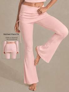 Women's 2-In-1 Pink Skirt-Style Flared Yoga Pants With Outer Skirt Panel, Gym Sports Fall - Pink - View 9