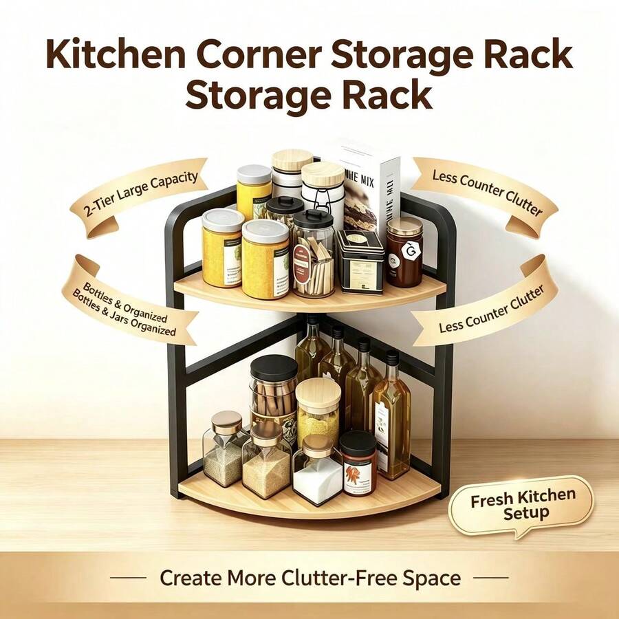 2-Tier Light Oak Corner Kitchen Countertop Storage Rack, Multifunctional Spice Organizer - Multicolor - View 1