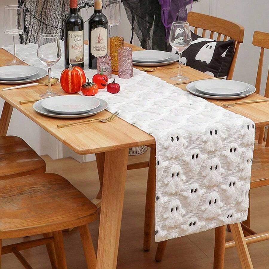 1pc Halloween White 3D Plush Ghost Table Runner, Cute Embossed Little Ghost Dining Table Runner, Holiday Tabletop Decor Table Runner - Multicolor - View 1