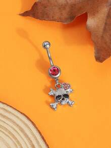 1pc Rhinestone Skull Belly Ring, Pink Rhinestone Heart-Shaped Middle Jewelry, Gothic Halloween Women's Navel Ring - Style 1 - View 6