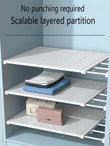 1pc Expandable No-Drill Clothes Storage Shelf, Dorm Cabinet Divider Rack, Space-Saving Layered Storage Partition, Clothes Organizer Rack, Suitable For Bathroom, Kitchen Storage, Room, Bedroom Wardrobe And Entryway Shoe Cabinet - White - View 3