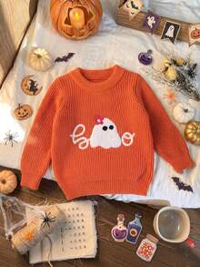 Söt enfärgad stickad pullovertröja för flickor med spöke-brodyr, lämplig för Halloween, vardagsbruk, semester, vår, höst och vinter - Orange - Visa 3