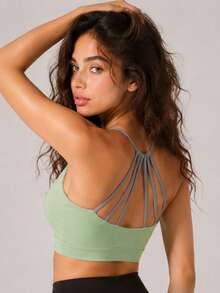 Color-Blocked Six-String Backless Sports Bra For Women, Spaghetti Strap Hollow-Out Shockproof Fitness Bra, Yoga/Pilates Top With Fixed Padding Summer - Green - View 1