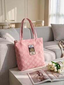 GUCCI Women's Sweet Pink Canvas Tote Bag, Geometric Monogram Pattern With Pineapple Emblem Decoration, Zipper Closure Large Shoulder Shopping Handbag - Pink - View 4