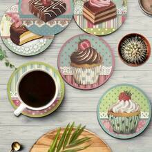 6pcs Pattern Printed Dessert Cake Design PET Non-Slip Coasters, Home Kitchen Decor Accessories, Cute Affordable Small Items, Outdoor Garden Supplies, Suitable For Various Holiday Parties, Wedding Accessories, Thanksgiving, Back To School Season Decoration Gifts - Multi-color LDX2527 - View 1
