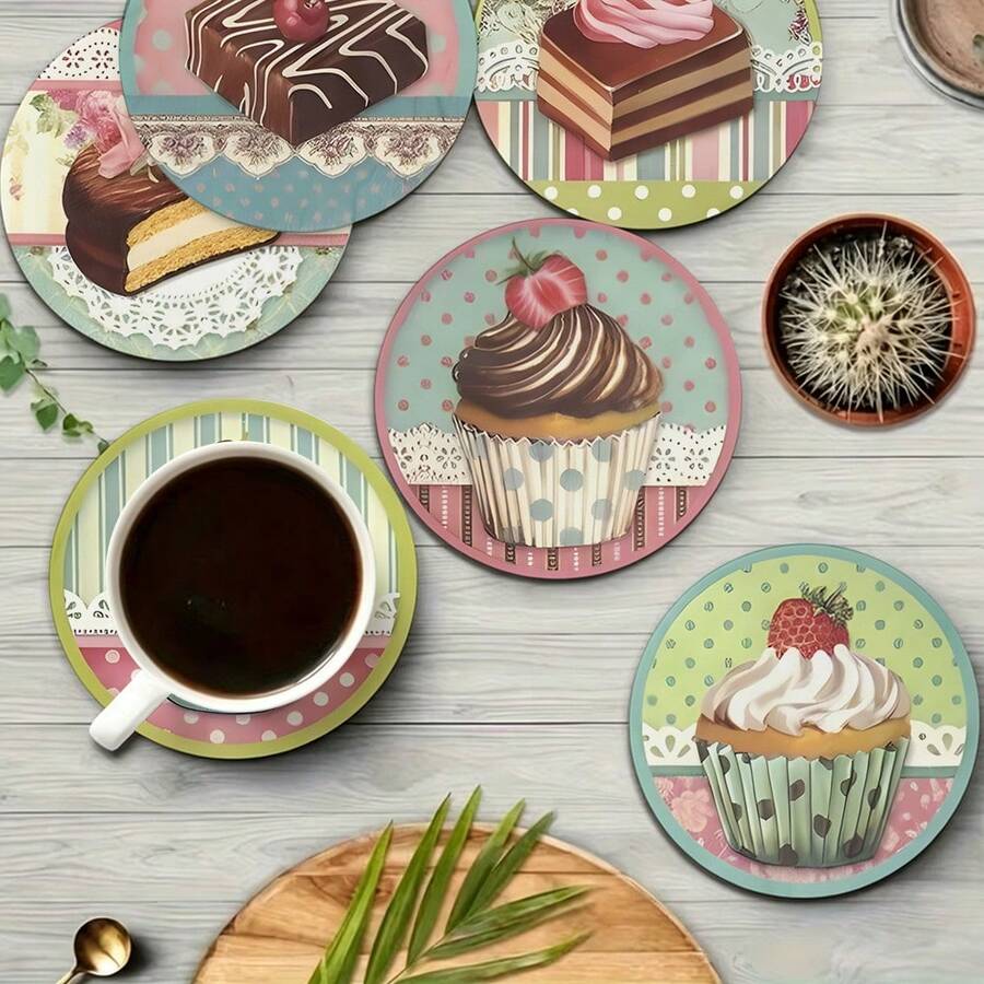 6pcs Pattern Printed Dessert Cake Design PET Non-Slip Coasters, Home Kitchen Decor Accessories, Cute Affordable Small Items, Outdoor Garden Supplies, Suitable For Various Holiday Parties, Wedding Accessories, Thanksgiving, Back To School Season Decoration Gifts - Multi-color LDX2527 - View 1