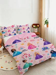 2/3-teiliges Bettwäsche-Set Kleine Prinzessin, rosa Märchen-Bettwäsche, Schloss-Regenbogen-Kutsche-Blumenkrone-Zauberstab-Muster Bettbezug & Kissenbezüge für Mädchenzimmer (Twin/Full/Queen/King Größe) - Verschiedenfarbig - Übersicht 6