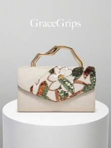 European And American Women's Minimalist Gold Asymmetric Handle Evening Bag, Shiny Multi-Color Leaf & Floral Patchwork Handbag, Small Clutch Bag, Suitable For Matching/Ball/Party/Wedding/Bride/Bridesmaid/Birthday Dress, Handheld Evening Bag, Gift Bag For Women With Metal Chain, Random Pattern - Gold - View 8