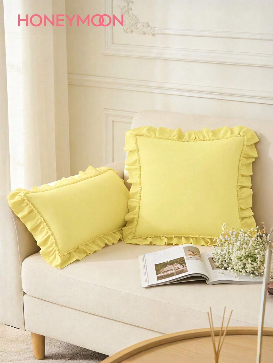 1pc Honeymoon Series Ruffle Quilted Pillowcase - Polyester Velvet Fabric Romantic French Style Ruffle Pillowcase (Pillow Insert Not Included), Envelope Closure, Wrinkle-Resistant, Machine Washable, Light Yellow - Pale Yellow - View 1