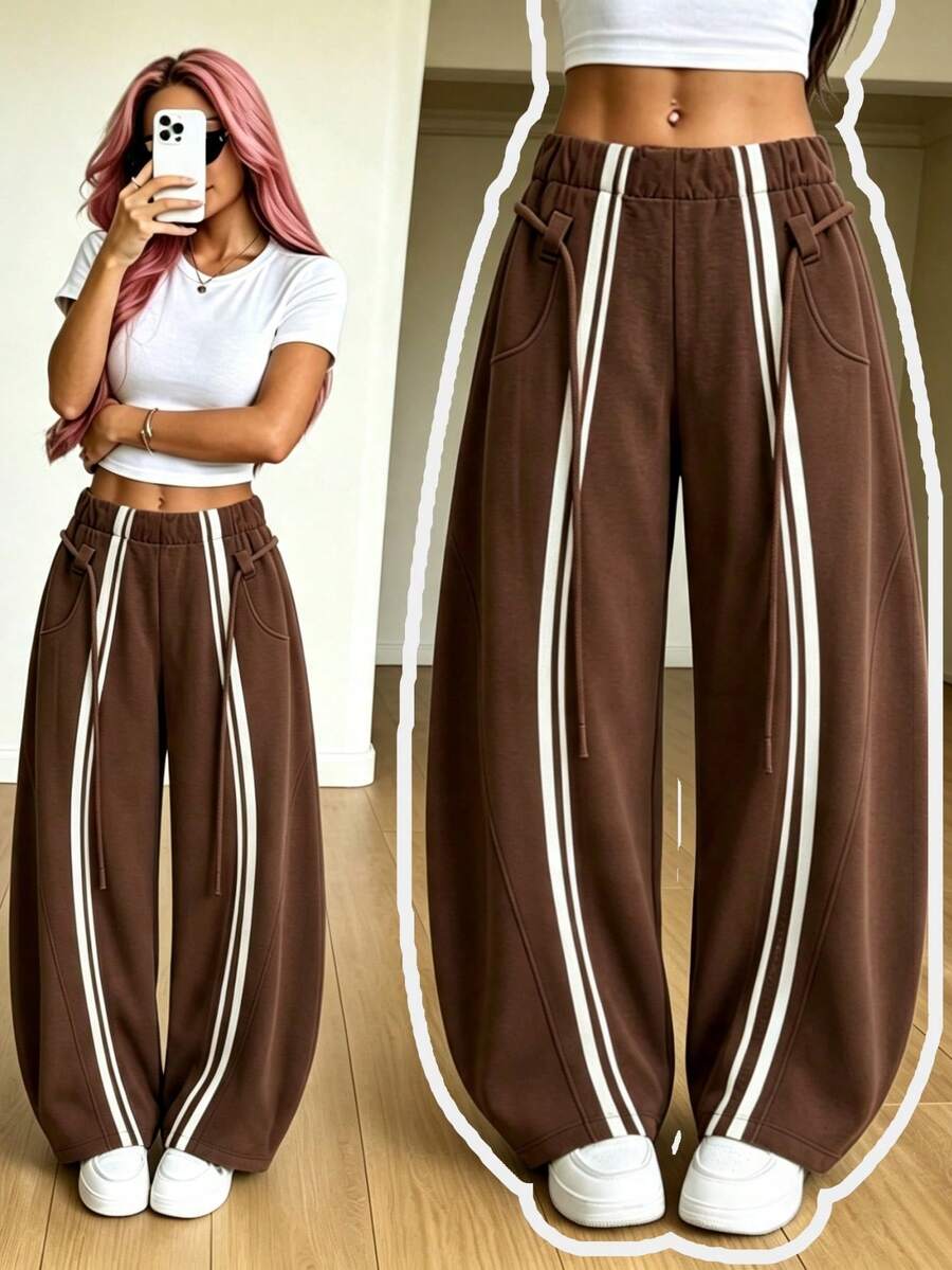 Women's Vintage Side Stripe Curved Leg Sweatpants, High Waist Drawstring Loose Banana Wide Leg Pants, Casual Sports Long Pants, Women's Long Pants, Side Silver Stripe Wide Leg Flattering Slimming Casual Sports Long Pants, Vintage Casual Loose Sports Long Pants, Perfect For Daily Shopping, Short Trips, Campus Commuting - Coffee Brown - View 1
