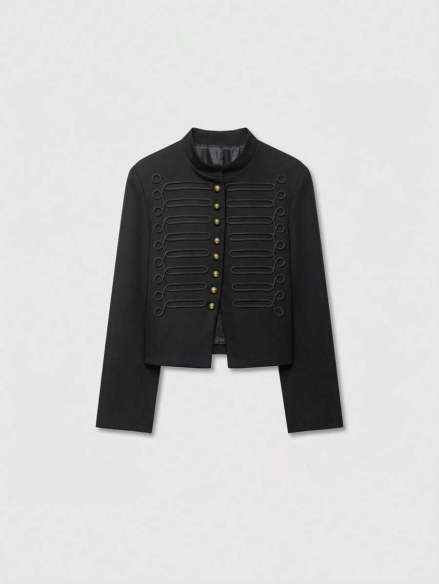Napoleon Style Vintage Stand Collar Blazer Black - Black - View 1