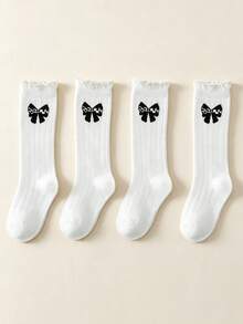 4 Pairs Girls Sweet Cute Butterfly Jacquard White Knee High Socks, Versatile All-Season Student Socks For Spring And Autumn, Suitable For Back To School And School Uniform Matching - Multicolor - View 10