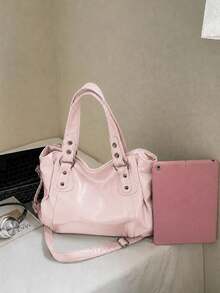 Minimalist Solid Color All-Match Design, Metal Rivet Reinforced Shoulder Strap, Comes With Adjustable Extendable Crossbody Strap. Soft And Relaxed Body, Versatile Style, Can Be Freely Paired With Various Charms, Suitable For Multiple Outfits - Pink - View 3