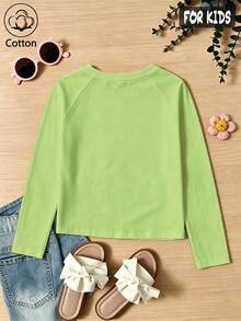 Autumn/Winter Ribbed Pure Cotton Long-Sleeved Top For Girls, Casual, Sporty And Preppy Style - Fruit Green - View 2