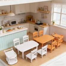 6pcs 1:12 Dollhouse Mini Model Scene Miniature Accessories Props Plastic Dining Cart Table Chairs Mini Micro Decor Home Decoration Fake Dining Table Dining Chairs Push Cart Set (White, Faux Wood Color) - 1 Table + 4 Chairs + 1 Trolley (6pcs) - View 12