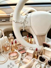1pc Crystal Virgin Mary Rhinestone Cross Pendant, Elegant Women's Car Interior Decor Hanging Ornament, Universal Decoration For Steering Wheel, Rearview Mirror And Handbag, Exquisite Religious Style Gift For Family And Friends - A - View 3