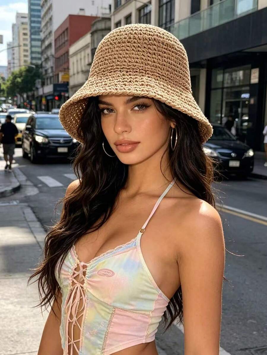 1pc Women's Solid Color Handmade Straw Hat, Beach Sun Protection Straw Hat, Suitable For Daily, Vacation, Beach, Bohemian - Multicolor - View 1