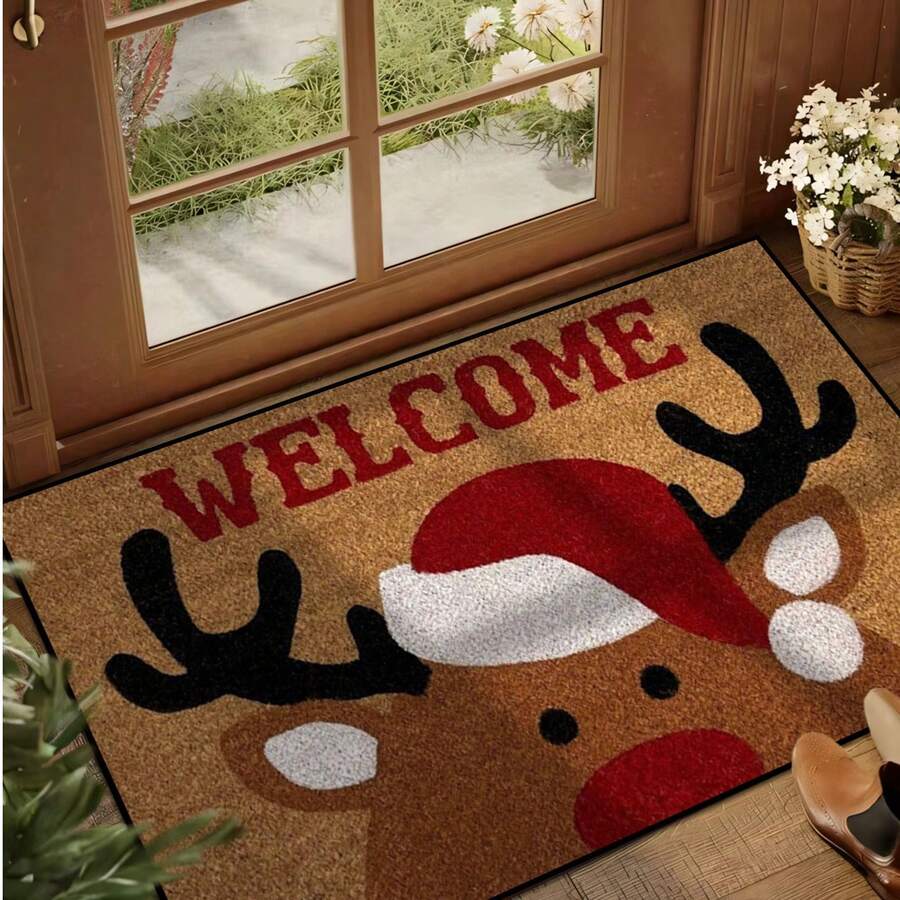1pc Funny Welcome Christmas Deer Pattern Welcome Doormat, Harvest Season Pattern Simple Style Short Plush Quick Dry Non-Slip Machine Washable Entrance Mat, Suitable For Kitchen, Bathroom, Dining Room, Hallway, Party, Gathering, Holiday, All Seasons, Yard Home, Christmas Season, Party Supplies - Burnt Orange - View 1