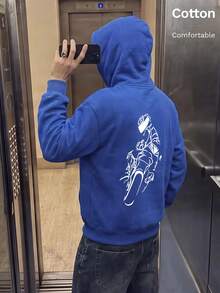 Autumn Men's Blue Hoodie With Back White Cyclist Print Long Sleeve Oversized Y2K - Cailan - View 3