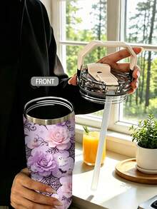 1pc/5pcs 30oz Purple Halloween Floral Insulated Tumbler, Stainless Steel With Handle, Straw And Leak-Proof Flip Lid, Romantic Purple Flower, Spider Web And Pumpkin Print, Suitable For Birthday And Holiday Gifts, Ideal For Travel, Work, Fitness And Daily Outdoor Use - Purple - Floral Spider Web - View 5