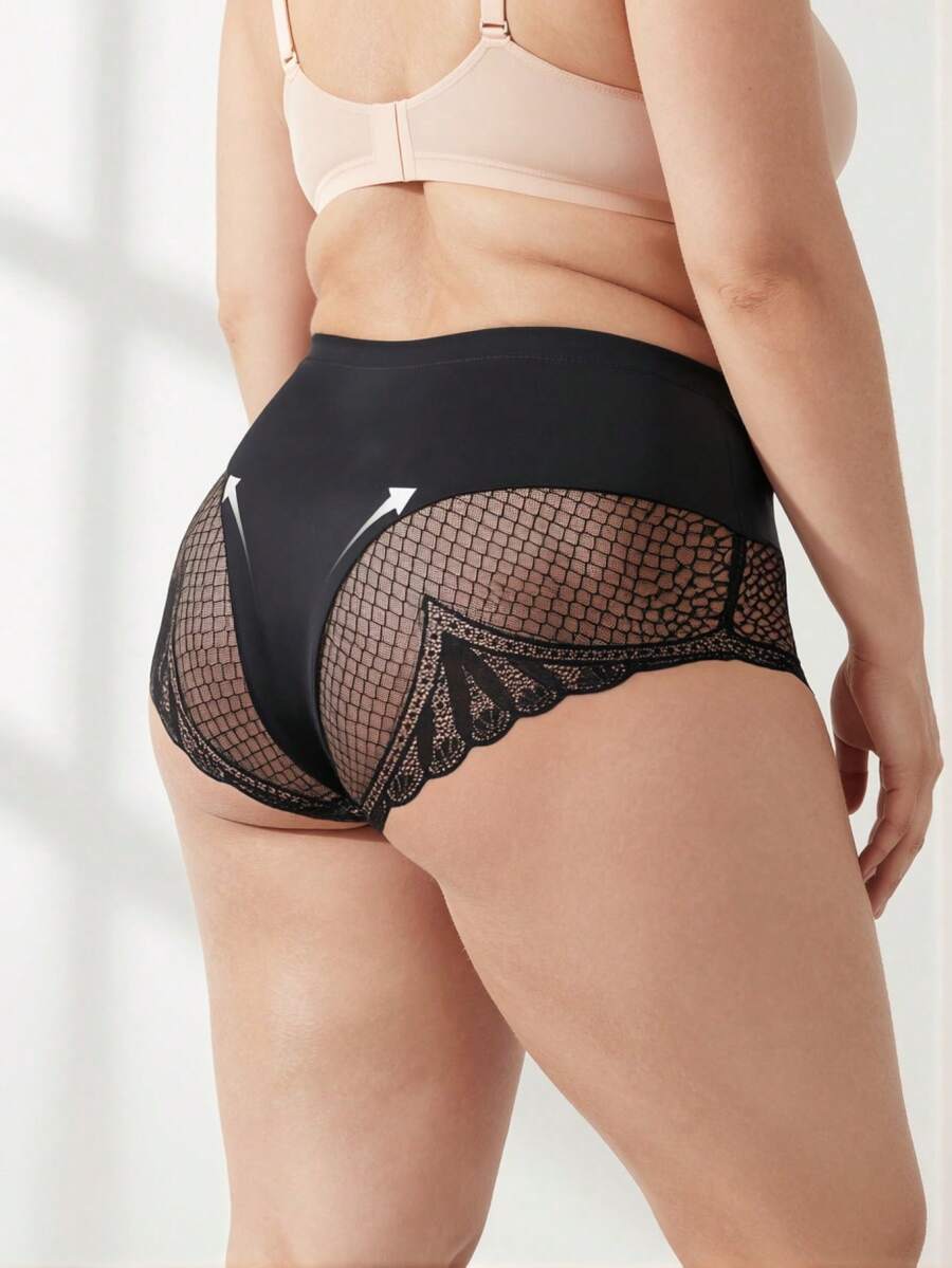 Rosiemei 1pc Plus Size High Waist Seamless Lace Pants, Butt Lifting Shaping Panties, Large Triangle Underwear, Body Shaping - Black - View 1