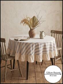1pc Beige Base Blue Fine Striped Round Tablecloth, Natural Rustic Style Fabric, Round Beige With Scalloped Edge And Patchwork Detail, Decorative And Functional, Suitable For Daily Home And Rustic Dining Table Decor - Blue - View 14
