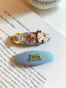 2pcs Girls Cute Cartoon Cat Hair Clips, Plaid Fabric BB Clips, Letter Decor Side Bangs Clips, Sweet Preppy Style Women's Daily Decorative Hair Accessories - Multicolor - View 3