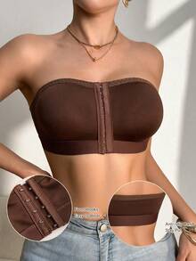 1pc Solid Color Casual-Comfortable Minimalist Knit Fabric Front Button Wireless Bralette For Women, All Season - Brown - View 5
