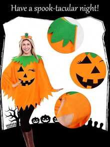 Halloween Pumpkin Costume, Adult Pumpkin Cape, Headpiece And Trick-Or-Treat Bag, Suitable For Halloween Role Play And Party "Trick Or Treat" Cute Outfit, Ideal Holiday Gift - Multicolor - View 5