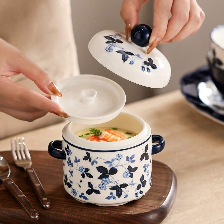 1 cái nồi hầm gốm 400ml có nắp và tay cầm đôi, cốc hấp hoa xanh phong cách vintage, cốc súp cá nhân thanh lịch cho nhà bếp và phục vụ tại gia