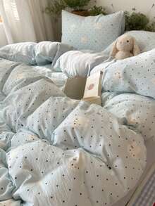 Light Blue Cute Rabbit Polka Dot Duvet Cover Set, Comfortable Bedding, Cute Bow Star Rabbit Pattern, Includes 1*Duvet Cover+1*Bed Sheet+2*Pillowcases, Zipper Design, Fresh Student Dorm Bedroom Boy Girl Home Decor, No Filling - Baby Blue - View 5