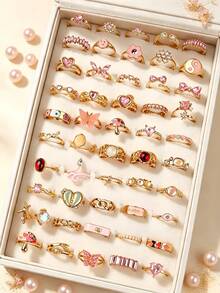 9/18Pcs/Lot Fashion Exquisite Sweet Heart-Shaped Pink Rhinestone Oil Drop Rings For Women Men Holiday Party Gifts Daily Wearing Jewelry Accessories - Pink Rhinestone Cat's Eye Gold Ring - View 1