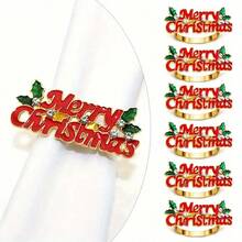 6/12pcs/Merry Christmas Napkin Rings, Red Letter Napkin Holders, Christmas Napkin Storage Decoration, Holiday Party Restaurant Tableware Decor - Red - View 6