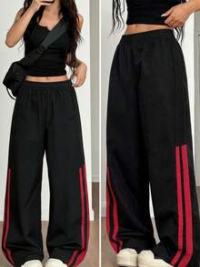 1pc Girls' Vintage Outdoor Sports Side Colorblock Striped Wide Leg Casual Pants For Daily Streetwear - Black - View 6