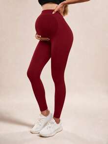 Maternity Seamless Solid Color High Waist Ribbed Waist Yoga Pants Leggings, Basic Slim Fit Sports Long Pants - Burgundy - View 2