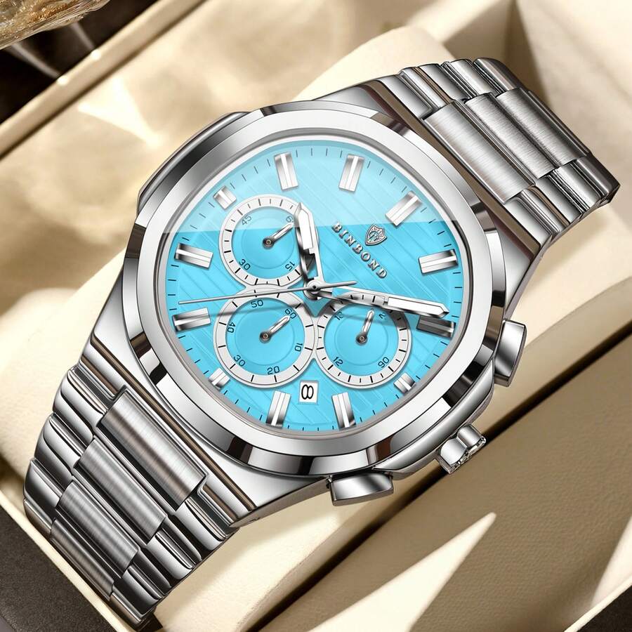 1PC Men's Stainless Steel Casual Date Chronograph Quartz Watch, Fashion Men's Waterproof Luminous Pointer Watch, For Daily Wear, Holiday/Birthday Gift - Multicolor - View 1