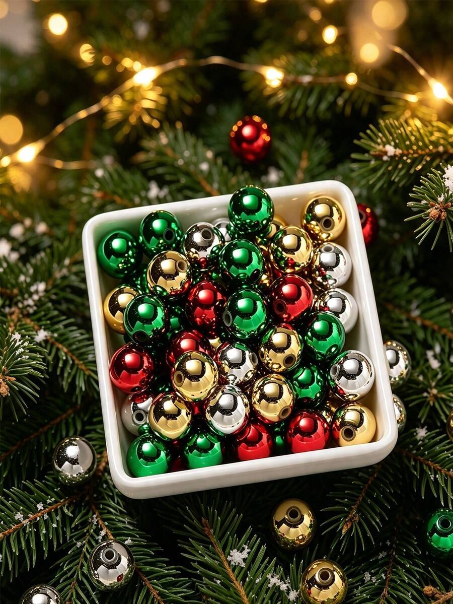 100pcs Christmas Metal Electroplated Round Beads, Red Green Gold Silver Loose Beads, 6/8/10mm Beads, For Christmas Tree Decoration DIY Bracelet Necklace Jewelry Making Craft Materials - 6/8/10mm Christmas Beads - View 1