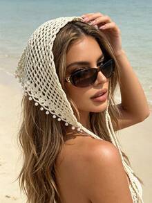 1pc Women's Handmade Hollow Triangle Scarf With Shells And Pearls, Beach Photography Headscarf Hat, Suitable For Daily Wear, Vacation, Bohemian Style - Headscarf - View 3