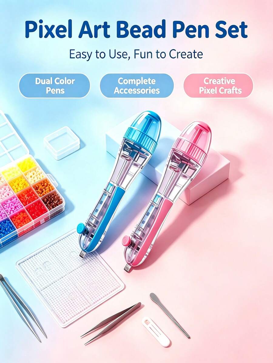 Automatic Perler Bead Pen, Effortless Pressing DIY Tool, Suitable For Perler Bead Handicrafts, Auxiliary Craft Accessories, Perfect Birthday Party Back To School Gift, Blue And Pink Available - Multicolor - View 1