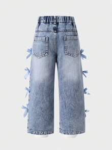 Celana Jeans Denim Lebar Model Lurus dengan Hiasan Pita 3D di Samping, Pinggang Elastis, dan Efek Sobek-sobek - Light Wash - View 2