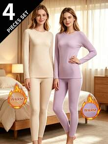 4pcs/Set Women's Warm Thermal Underwear Set, Crew Neck Top + Pants, Winter Base Layer Innerwear - Multicolor - View 1