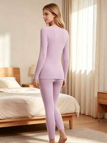 4pcs/Set Women's Warm Thermal Underwear Set, Crew Neck Top + Pants, Winter Base Layer Innerwear - Multicolor - View 4