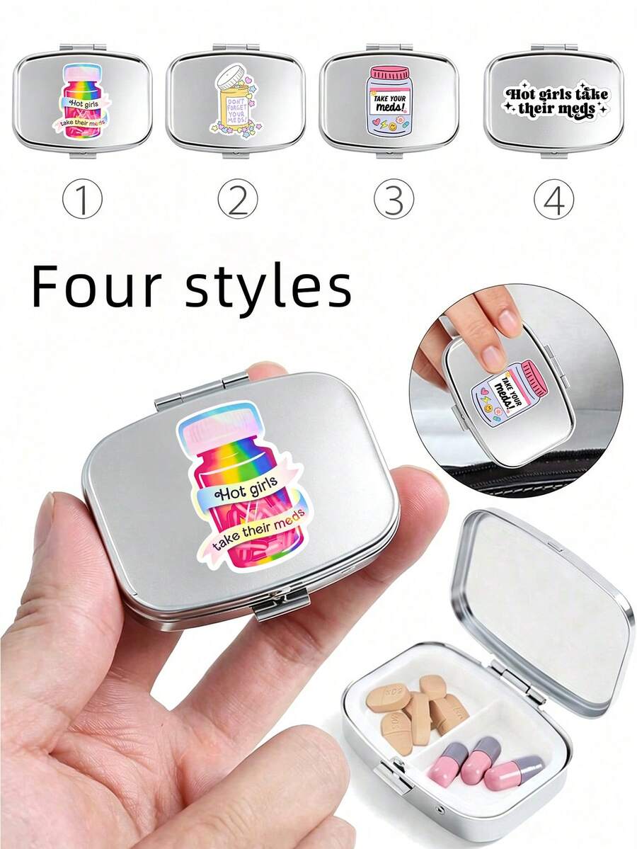 4-Piece Printed Pattern Square Pill Box, Printed Capsule Box With Mirror And Divider Design, Mini Pill Box, Portable Pill Storage Compartment, Mini Metal Storage Box, Portable Jewelry Box, Travel Pill Box, Weekly Pill Organizer, Suitable For Daily Medication, Essential For Doctors And Nurses, Emergency Needs, Travel And Hiking First Aid, Travel Emergency Kit, Suitable For Travel, Business Trip, Vacation, Dorm, Small Gift For Family, Teachers, Doctors, Back To School Gift, Teacher's Day Gift, Nurse Gift - Multicolor - View 1