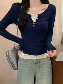 Long Sleeve T-Shirt Spring/Autumn New Thin Layering Top 2 In 1 Crew Neck - Navy Blue - View 9